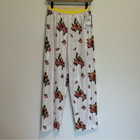 Anna Sui Pants - NWT Anna Sui White Sequin Floral Embroidered Pull On Pants Size P